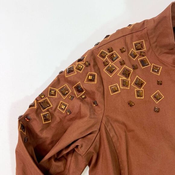 Bob Mackie Wearable Art Jacket Womens 1X Brown Cotton Embellished Gems Full Zip - Picture 2 of 11